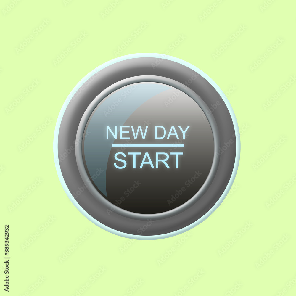 New day. Start. Round button isolated on a green background. New life concept. New day. Start. Round button isolated on a green background. New life concept.
