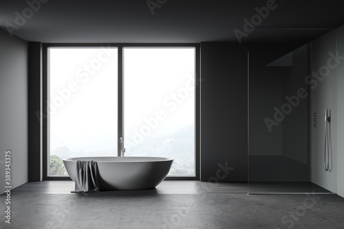 Gray bathroom interior with tub and shower