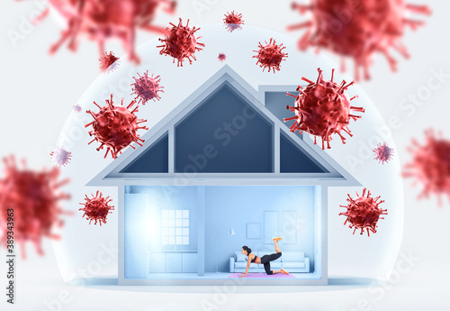 Woman doing yoga in home with coronavirus around it