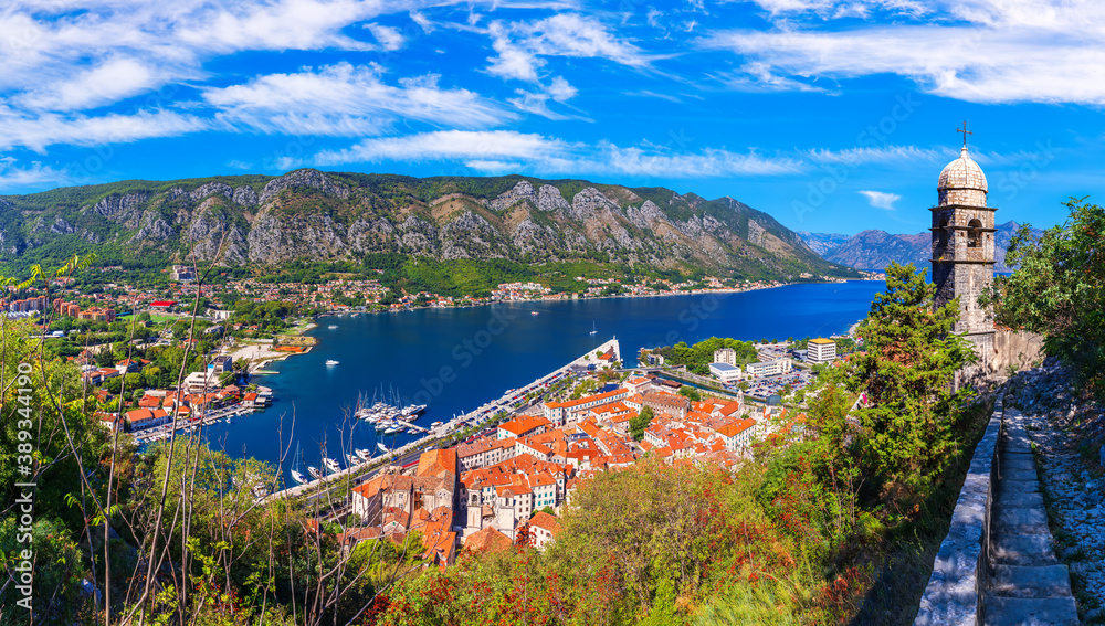 The Bay of Kotor, Church of Our Lady of Remedy and the Old town roofs, Montenegro