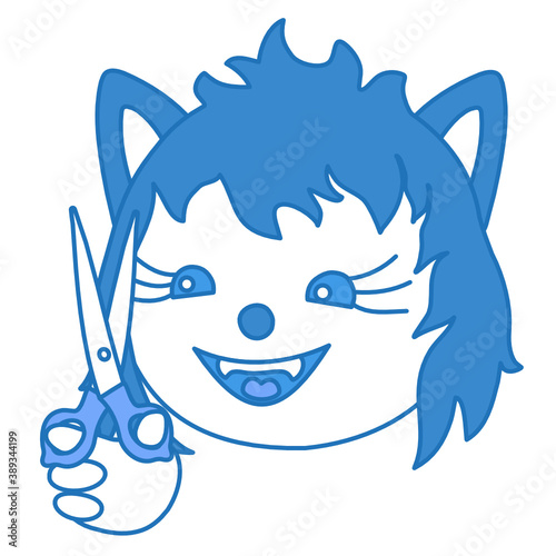 emoji with hairdresser or haircutter wolf holding scissors in her hand, happy woman barber or coiffeur at work, ball or circle shaped face, simplistic facial expression