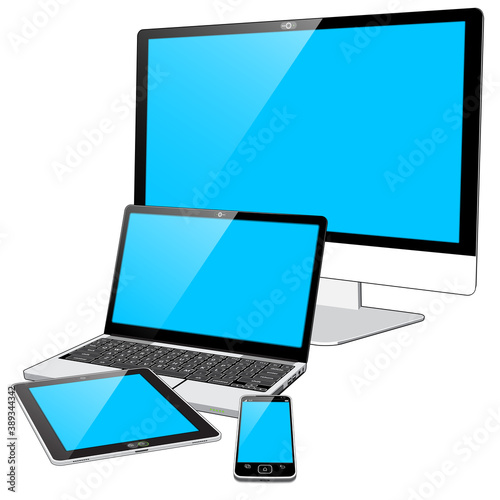 A collection of 4 “Cloud” connected Devices - A Smart Phone, Tablet PC, Laptop PC and a Large Display “All in One” PC. The Blue screens indicate the devices are powered on.