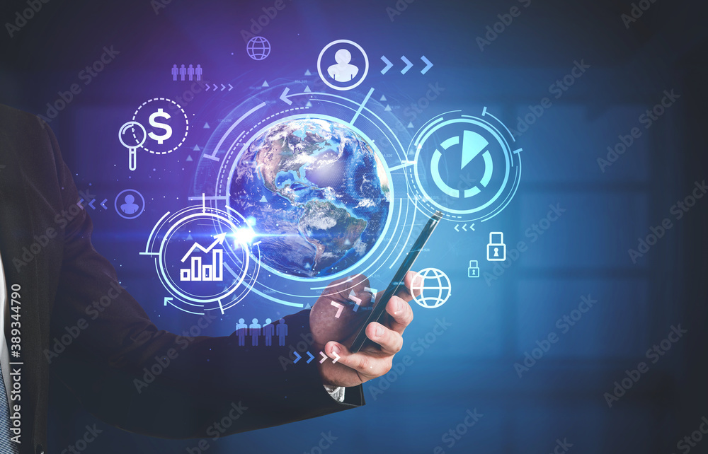 Man with smartphone, map and graph Man with smartphone, map and graph