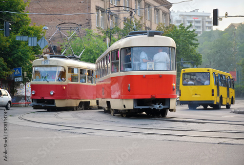Electric tram vehicle. Urban rail transport. Environmental-friendly transportation. Kyiv. Ukraine. More than 125 years tram vehicles have been used in the city 
