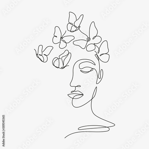 Woman head with butterfly composition. Hand-drawn vector line-art illustration. One Line style drawing.