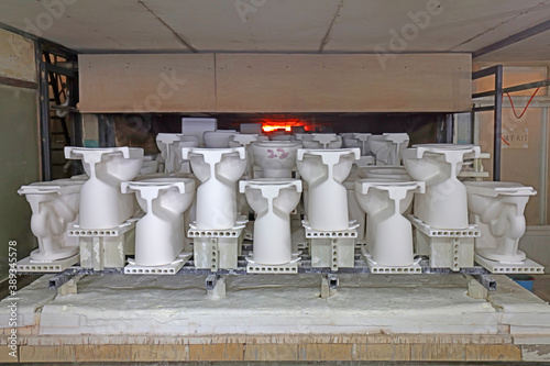 Ceramic toilet mud tires are fired at high temperature in a kiln in a factory, China.