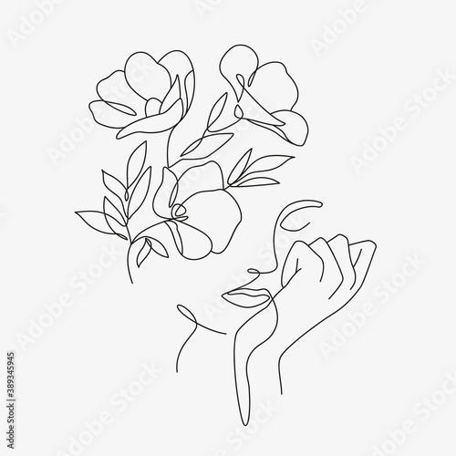 Woman head with flowers composition. Hand-drawn vector line-art illustration. One Line style drawing.