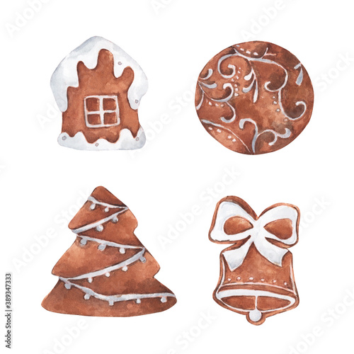 Set of gingerbread cute cookies. isolated on white background. Watercolor Christmas card for invitations, greetings, holidays and decor.