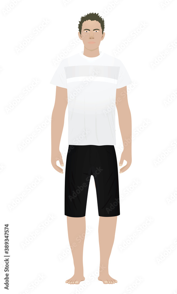 Fototapeta premium White male boy in white t shirt and black shortss standing. vector