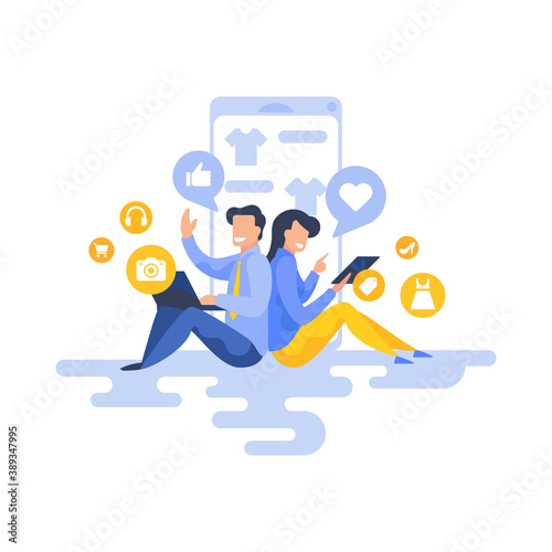 Cartoon couple shopping online and liking various goods vector illustration