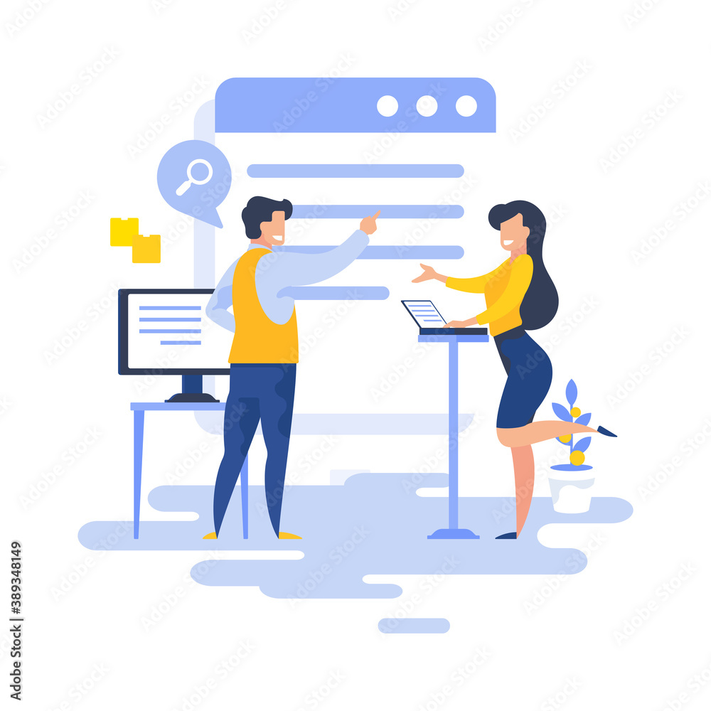 Cartoon colleagues searching data together vector illustration
