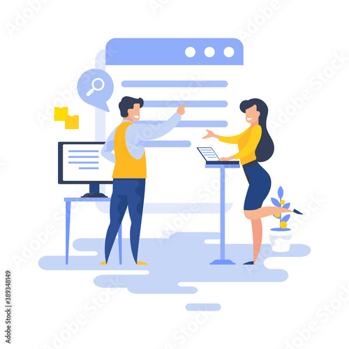 Cartoon colleagues searching data together vector illustration