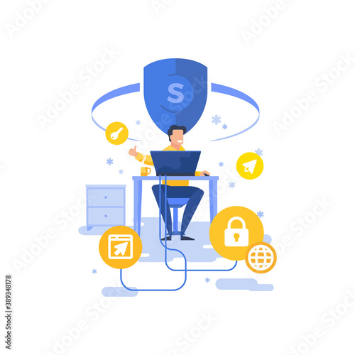 Man approving computer security app vector illustration