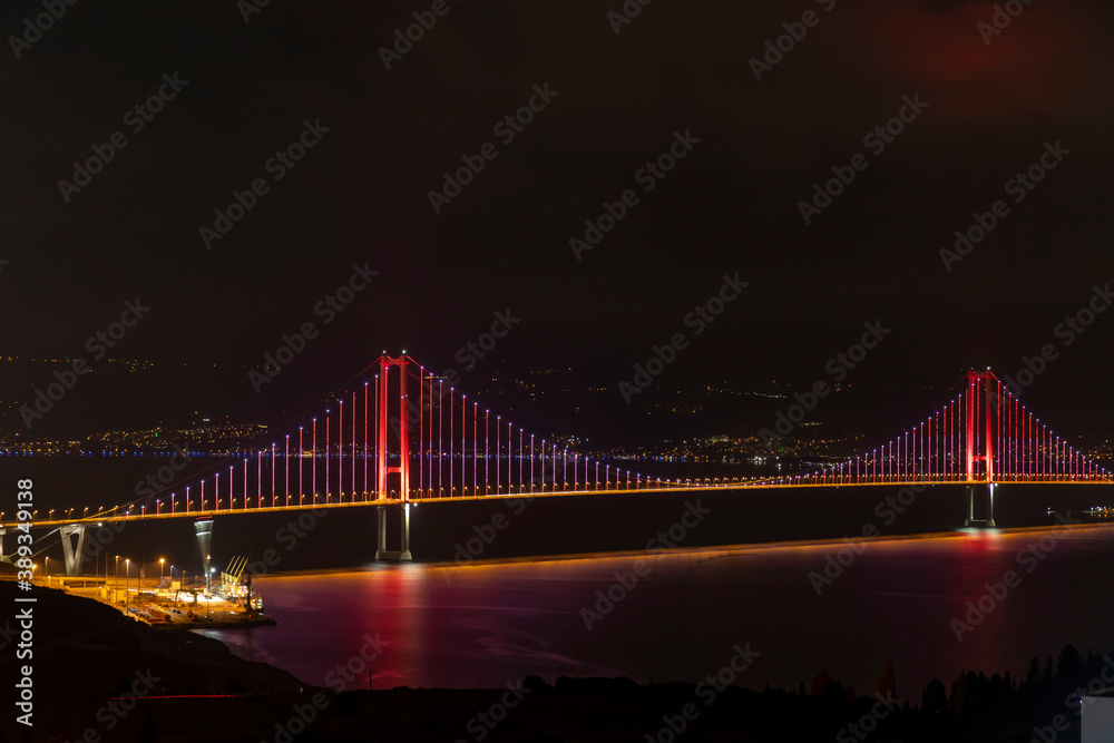 Osmangazi Bridge (Izmit Bay Bridge). IZMIT, KOCAELI, TURKEY. Longest bridge in Turkey and the fourth-longest suspension bridge in the world by the length of its central span.