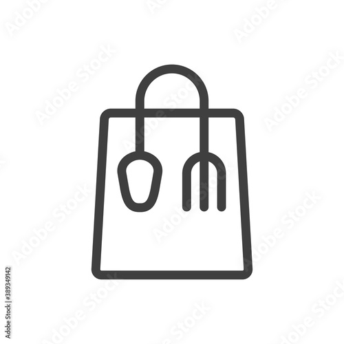 Símbolo de restaurante en línea. Logotipo lineal con bolsa de la compra con tenedor y cuchara en color gris