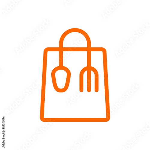 Símbolo de restaurante en línea. Logotipo lineal con bolsa de la compra con tenedor y cuchara en color naranja