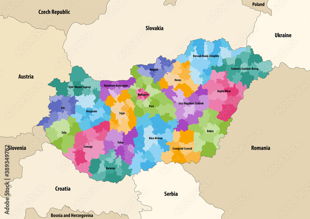 Vector map of districts of Hungary colored by counties with neighbouring countries and territories