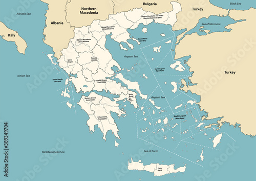 Greece provinces and regions vector map with neighbouring countries and territories photo