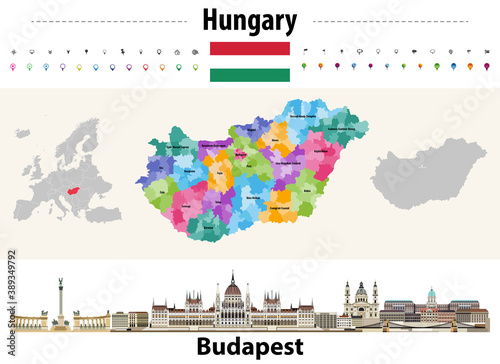 Hungary administrative divisions map. Budapest cityscape. Vector illustration photo