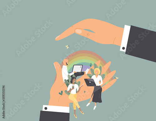 Tiny office workers sitting on huge hand under other hand as under shelter.Concept of good comfortable environment at work,favorable psychological climate and freedom of creativity for employee.Vector