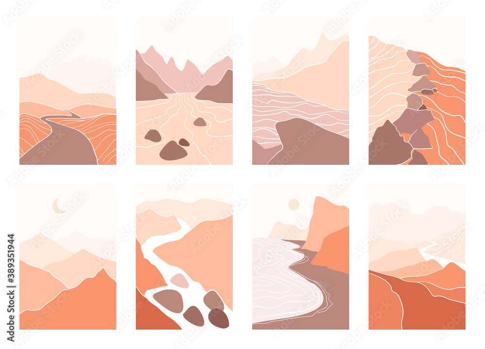 Mountains Paper cut style posters collection.  Scandinavian minimalistic style illustrations. 