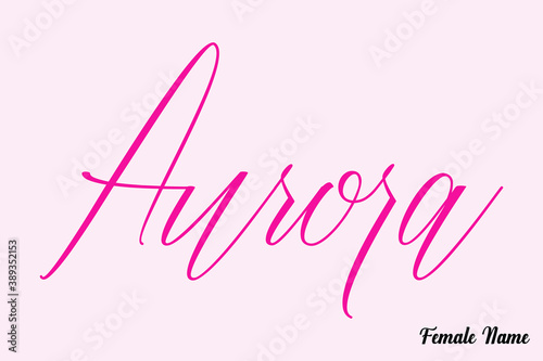 Aurora.-Female Name Calligraphy Cursive Dork Pink Color Text on Light Pink Background