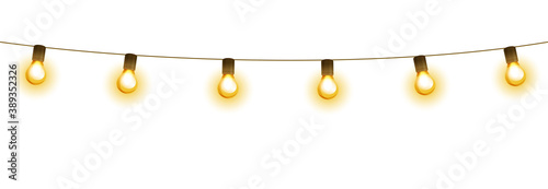 Light bulb garland, isolated vector decoration. String of golden Christmas lights. Illuminated holiday border, glowing lamps frame. For wedding or birthday cards, New Year banners, party posters.