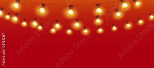 Red holiday background. Shining light bulb garland, vector decoration. String of golden Christmas lights. Illuminated border, frame. For wedding or birthday cards, New Year banners, party posters.