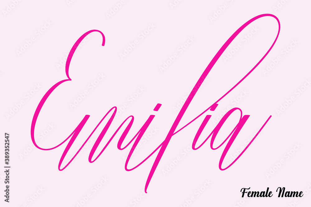 Emilia-Female Name Calligraphy Cursive Dork Pink Color Text on Light Pink Background