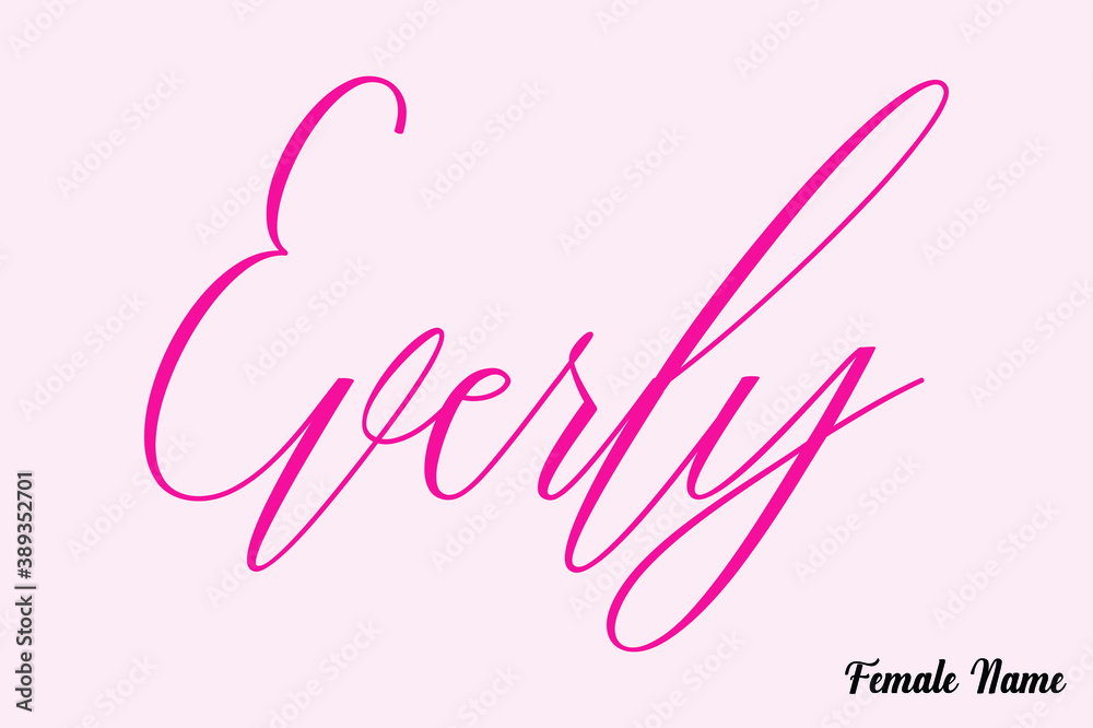 Everly-Female Name Calligraphy Cursive Dork Pink Color Text on Light Pink Background