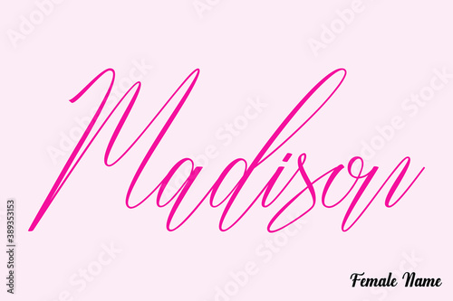 Madison-Female Name Calligraphy Cursive Dork Pink Color Text on Light Pink Background