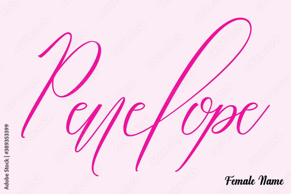 Penelope-Female Name Calligraphy Cursive Dork Pink Color Text on Light Pink Background