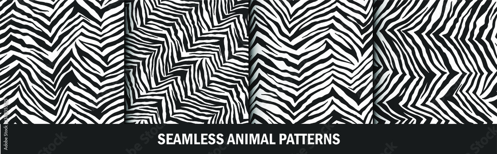 Set of seamless vector tiger zebra pattern. Trendy stylish wild stripes print. Animal print background for fabric, textile, design, advertising banner etc.