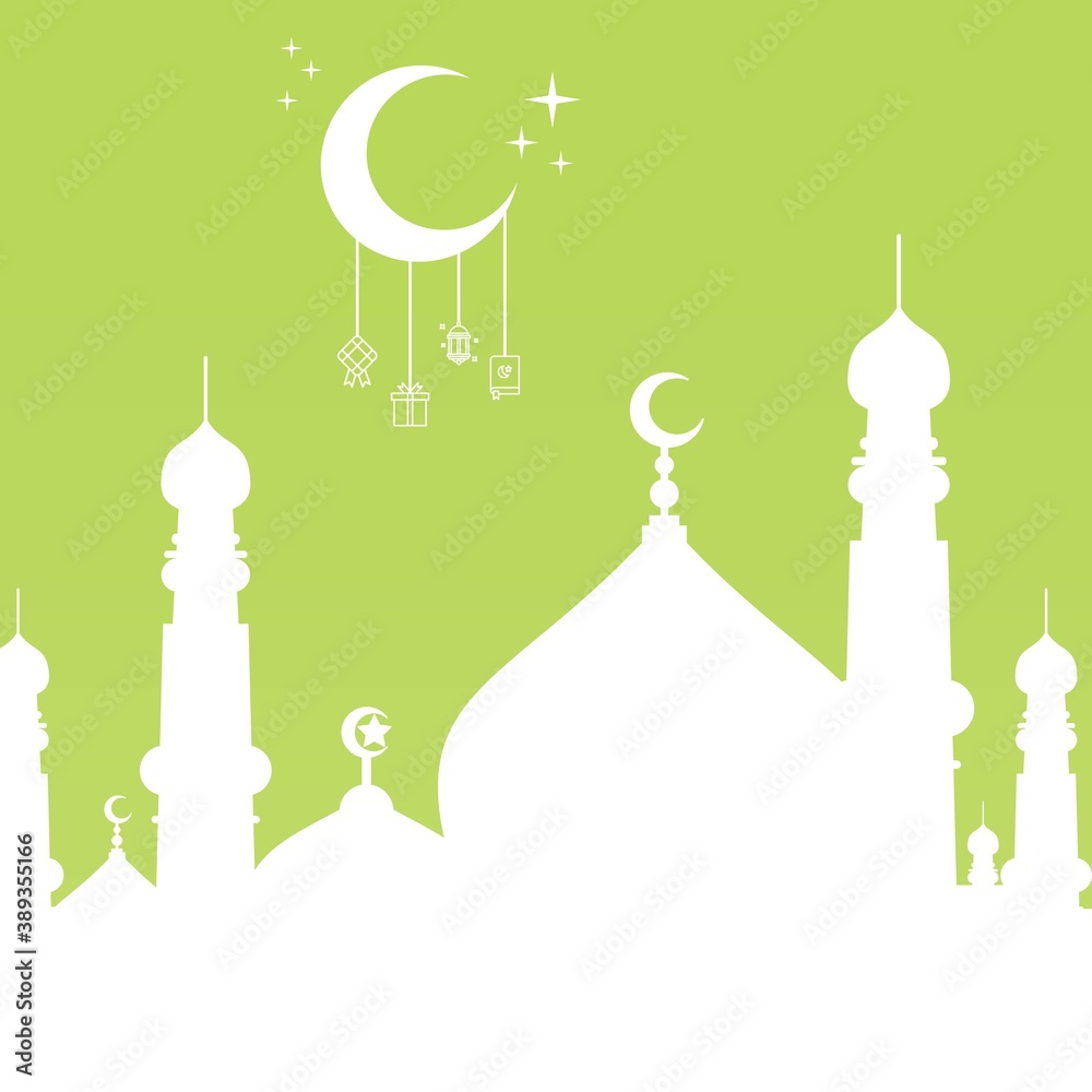 Fototapeta premium Islamic greeting card vector illustration template with colorful background. including mosques, minarets, clouds, stars, moon and others. good for cards, banners, flyers, web, social media, and more.