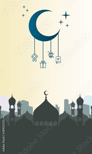 Islamic greeting card vector illustration template with colorful background. including mosques, minarets, clouds, stars, moon and others. good for cards, banners, flyers, web, social media, and more.