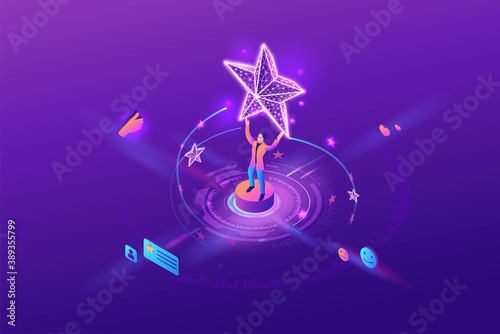 Feedback concept with 3d isometric star icon, customer rate product, client satisfaction survey, people review quality of service, purple vector illustration