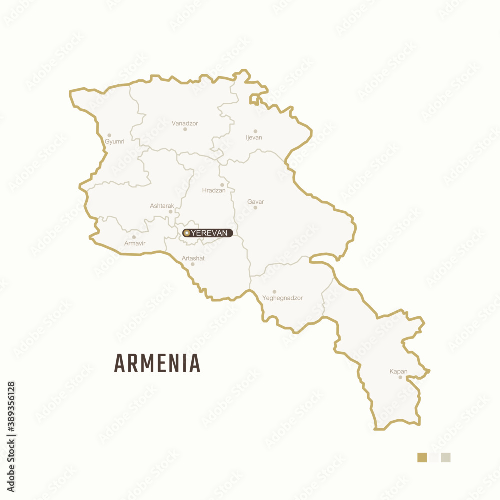 Map of Armenia with border, cities and capital Yerevan. Each city has separately for your design. Vector Illustration