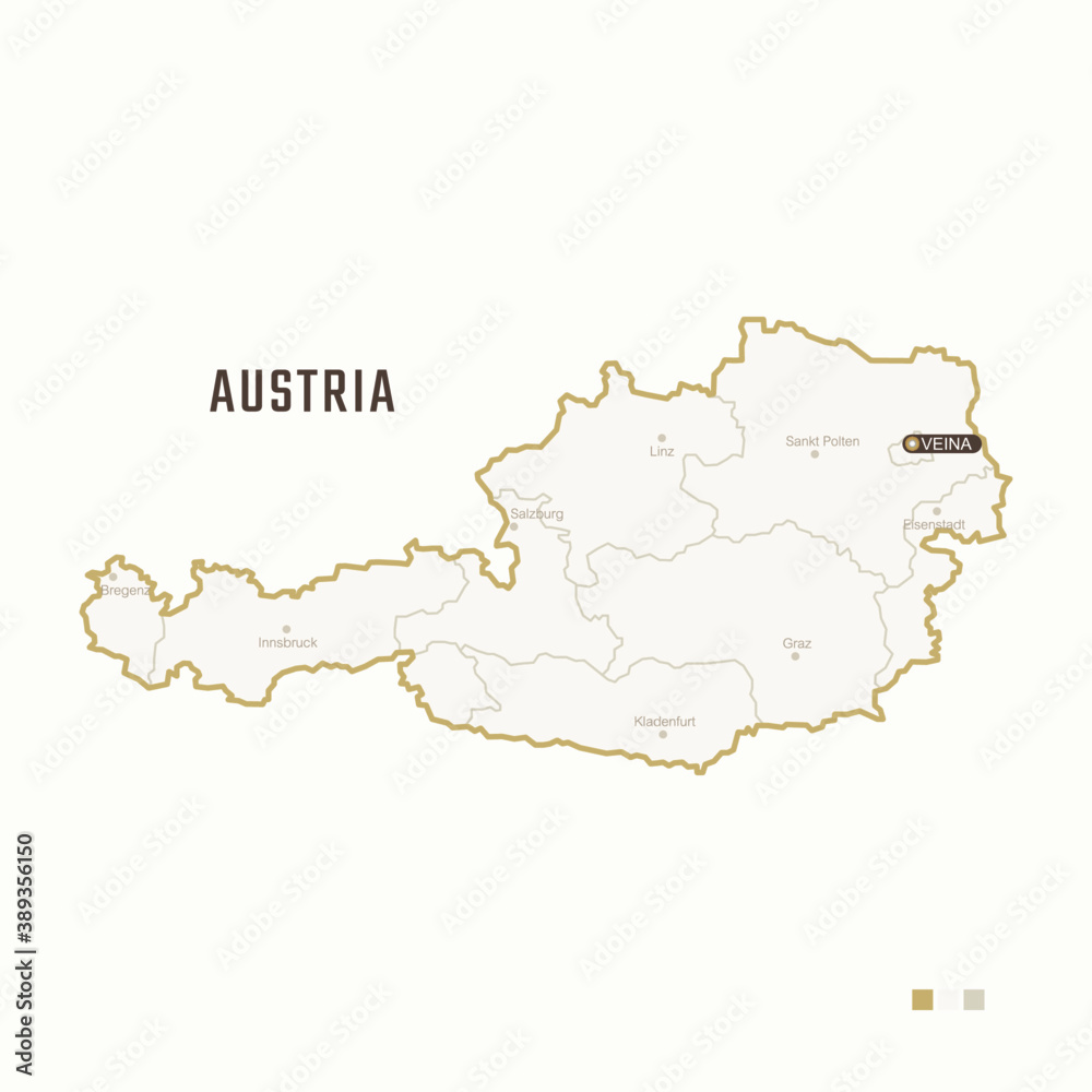 Map of Austria with border, cities and capital Vienna. Each city has separately for your design. Vector Illustration