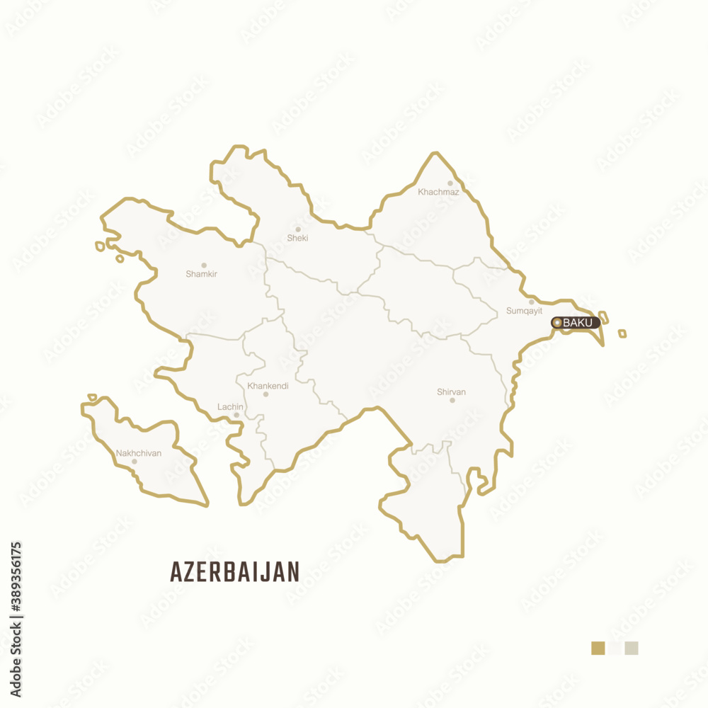 Map of Azerbaijan with border, cities and capital Baku. Each city has separately for your design. Vector Illustration