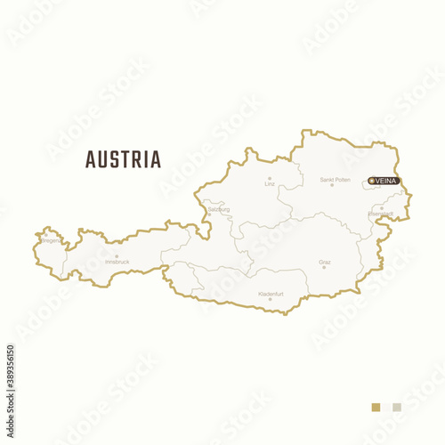 Map of Austria with border  cities and capital Vienna. Each city has separately for your design. Vector Illustration
