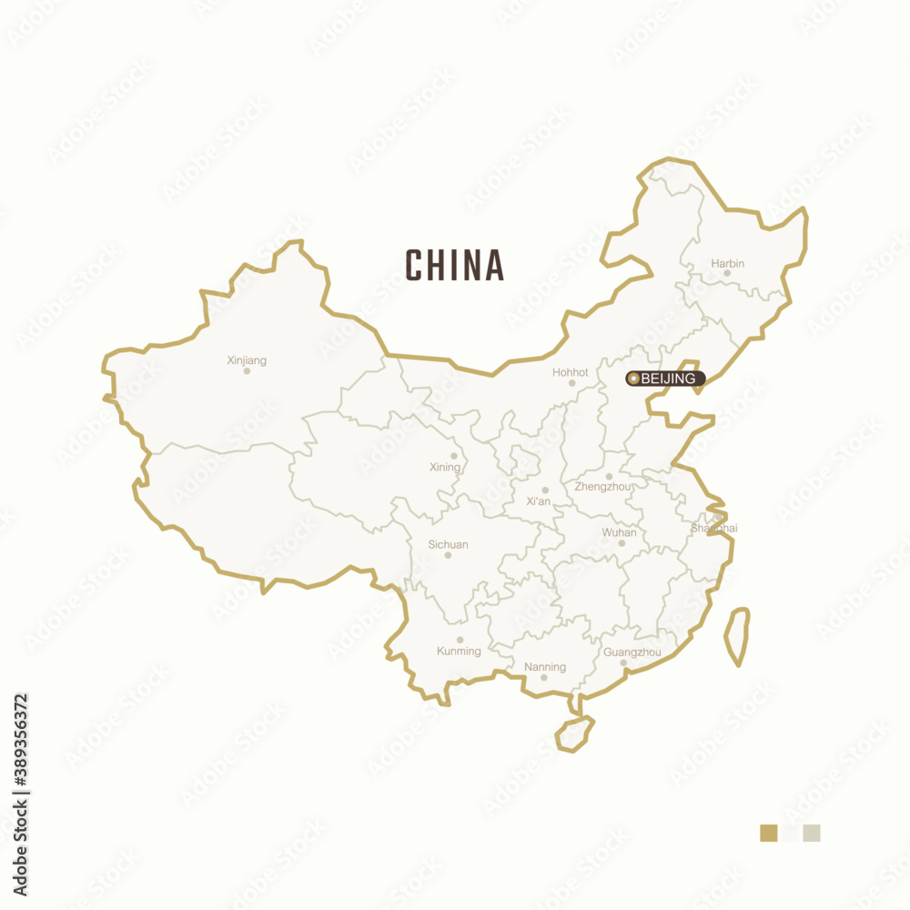 Map of China with border, cities and capital Beijing. Each city has separately for your design. Vector Illustration