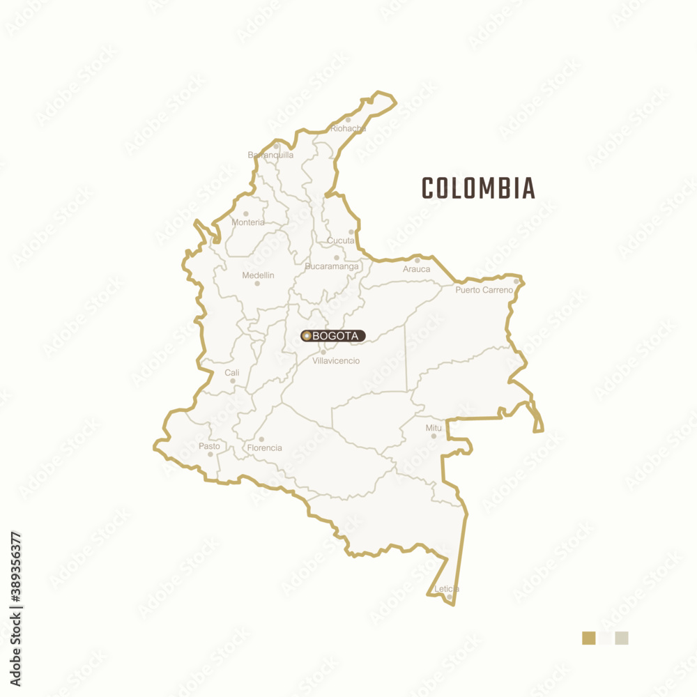 Map of Colombia with border, cities and capital Bogota. Each city has separately for your design. Vector Illustration Map of Colombia with border, cities and capital Bogota. Each city has separately for your design. Vector Illustration