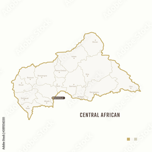 Map of Central African with border  cities and capital Bangui. Each city has separately for your design. Vector Illustration