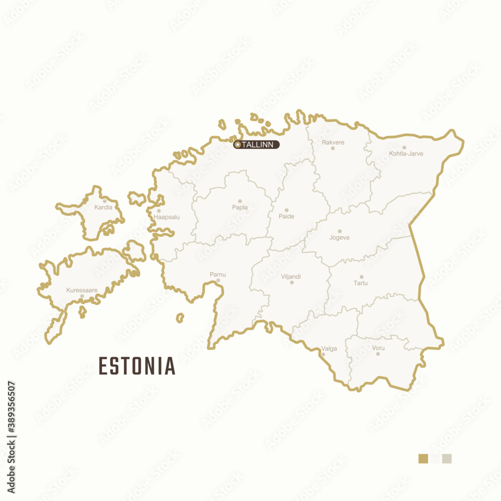 Map of Estonia with border, cities and capital Tallinn. Each city has separately for your design. Vector Illustration