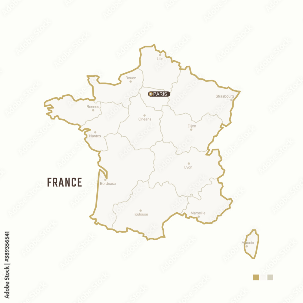 Map of France with border, cities and capital Paris. Each city has separately for your design. Vector Illustration