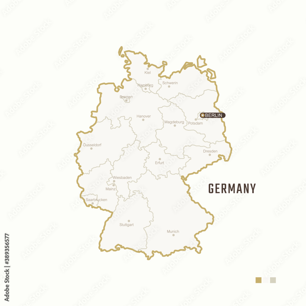 Map of Germany with border, cities and capital Berlin. Each city has separately for your design. Vector Illustration