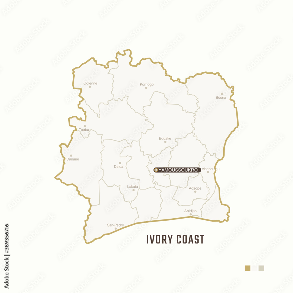 Map of Ivory Coast with border, cities and capital Yamoussoukro. Each city has separately for your design. Vector Illustration