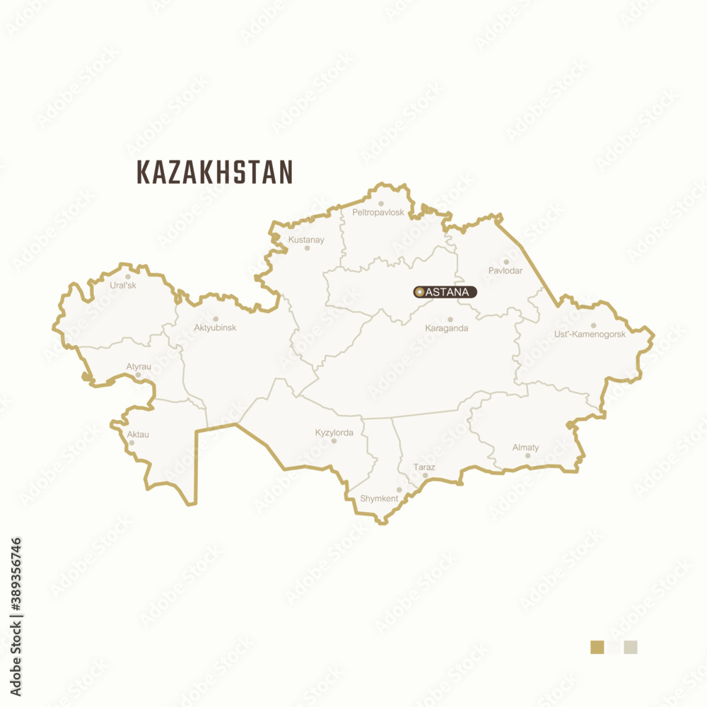 Map of Kazakhstan with border, cities and capital Astana. Each city has separately for your design. Vector Illustration