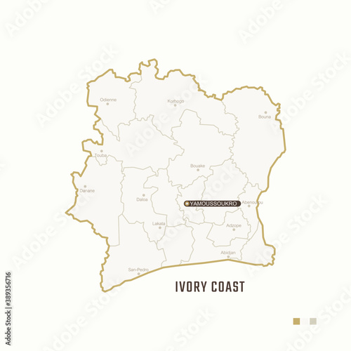 Map of Ivory Coast with border  cities and capital Yamoussoukro. Each city has separately for your design. Vector Illustration