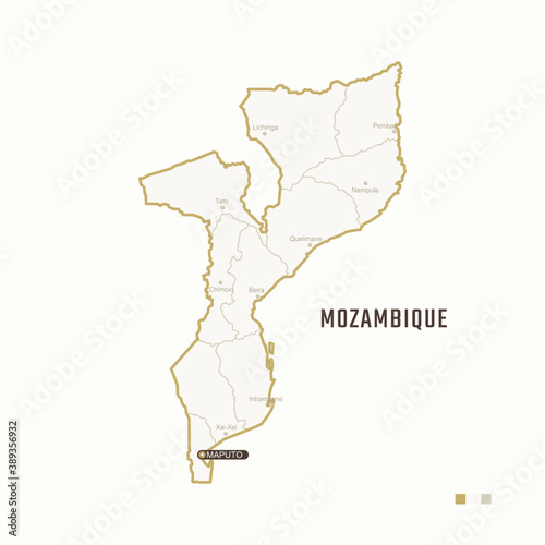 Map of Mozambique with border  cities and capital Maputo. Each city has separately for your design. Vector Illustration
